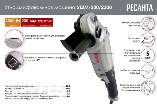 УШМ 230 мм, 2300Вт, Ресанта